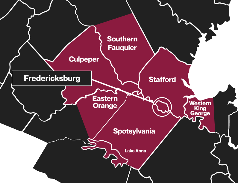 Map showing service area includes Southern Fauquier, Stafford, Western King George, Spotsylvania, Lake Anna, Eastern Orange, and Culpeper 